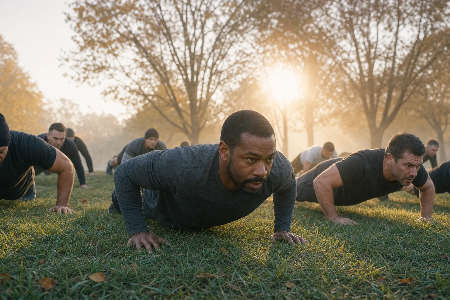 Men exercising together outdoors at sunrise